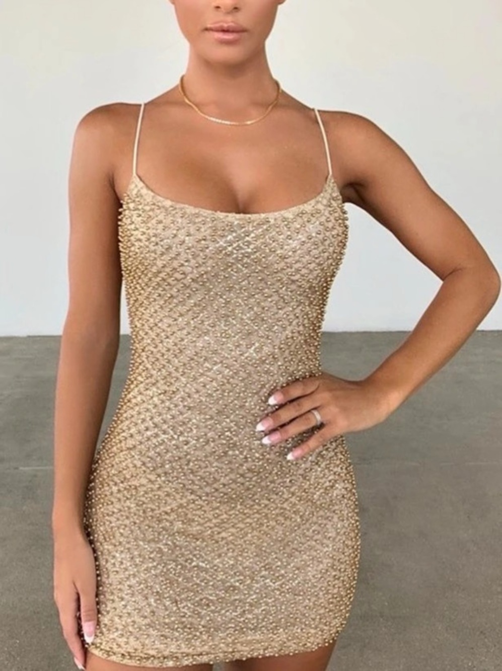 Oh Polly Beaded Mini Dress in Gold Like New